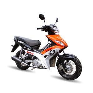 Motocicleta Thunder Bolt 125 Naranja Llanta Gruesa de Otom Racing, diseñada para maniobras en terrenos variados, con motor de 125cc.