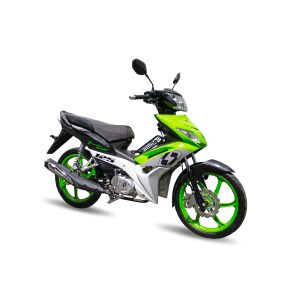 Motocicleta Thunder Bolt 125 Verde Llanta Fina de Otom Racing, diseñada para maniobras, con motor de 125cc.