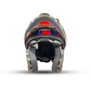 Casco HMT Abatible Speedbeast con visor iridium, diseñado para máxima protección con ventilación óptima y fácil liberación. Cuenta con cachetera removible y ajuste micrométrico para una conducción segura y cómoda.
